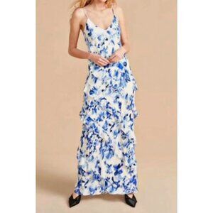La Ligne Gio Bias Ruffle Slip 100%Silk Maxi Dress White-Navy sz L $595